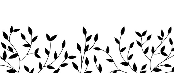 Branches of tree with leaves. Spring and summer background template. Isolated black silhouette on white background. Vector illustration