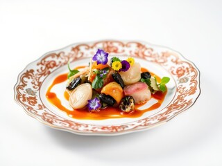 Elegant Scallop and Vegetable Dish with Floral Garnish