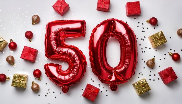 Red balloon number 50 for fiftieth birthday or anniversary party. White background with confetti - Powered by Adobe