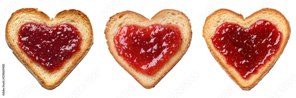 Poster heart shaped toast with strawberry jam, isolated on transparency background
