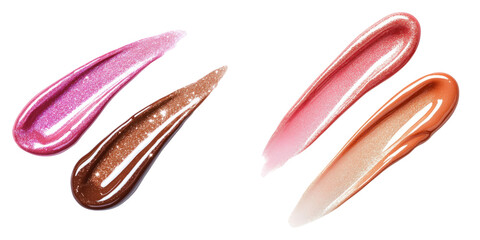 Colorful lip gloss swatches with glossy texture and shimmer effect