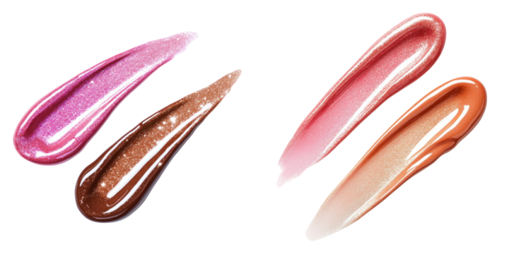 Colorful lip gloss swatches with glossy texture and shimmer effect