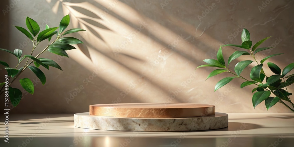 Fototapete A Natural Setting With A Two-Tiered Podium Displayed In Front Of A Beige Background With Sunlight Streaming In Through A Window
