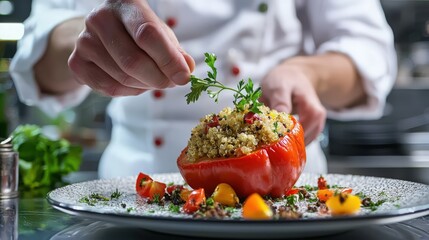 Delicious Stuffed Bell Pepper with Quinoa and Herbs, Representing Healthy Eating and Culinary Expertise. Perfect for Food Blogs, Restaurant Menus, and Cooking Websites.