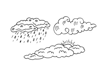 Three different drawing clouds with rain, sun, and an original cloud doodle vector.