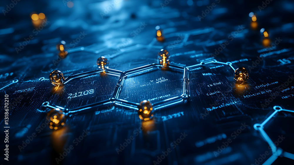 Poster abstract digital network connection background with glowing hexagons and spheres
