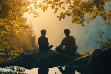 An inspiring scene of a mentor advising a protege, set in a serene, motivational setting to enhance personal and career growth.