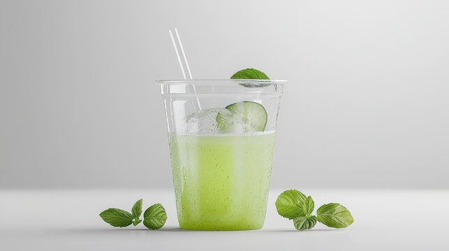 Clear compostable pla cup filled with colorful fresh juice garnished with straw and lime for refreshing enjoyment