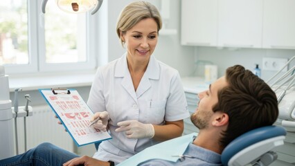 Obraz premium Female dentist consulting young adult male patient in dental clinic Focus on oral health awareness, personalized care