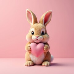 Obraz premium Adorable bunny holding a heart with a subtle pink background and soft focus effect, adorable animal, love symbol