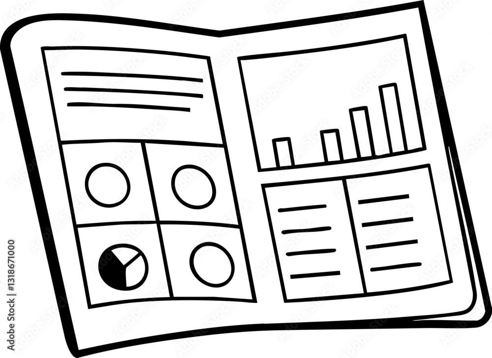 Poster an open magazine displaying various charts, graphs, and text, illustrating data and information visu