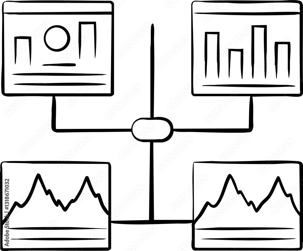 Poster a simple graphic displaying interconnected data representations, including charts and graphs, illust