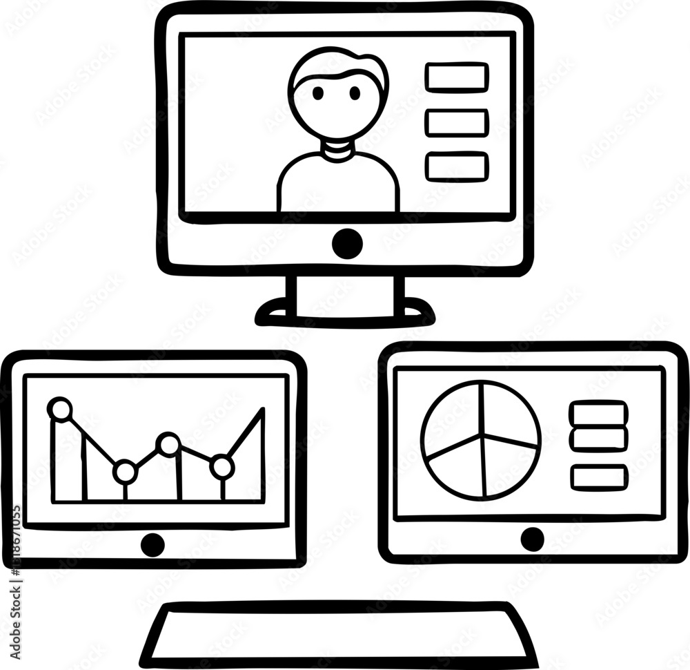Poster a minimalist illustration of three computer screens displaying a person, graphs, and charts, represe