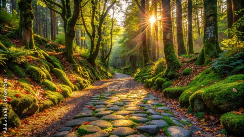 Poster a sun-drenched forest path lined with moss-covered stones and ancient trees, leading to a glimmering
