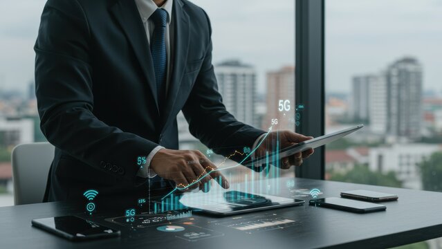 Asian businessman in suit using tablet in urban office for data analysis, showcasing 5G technology and innovative business concepts