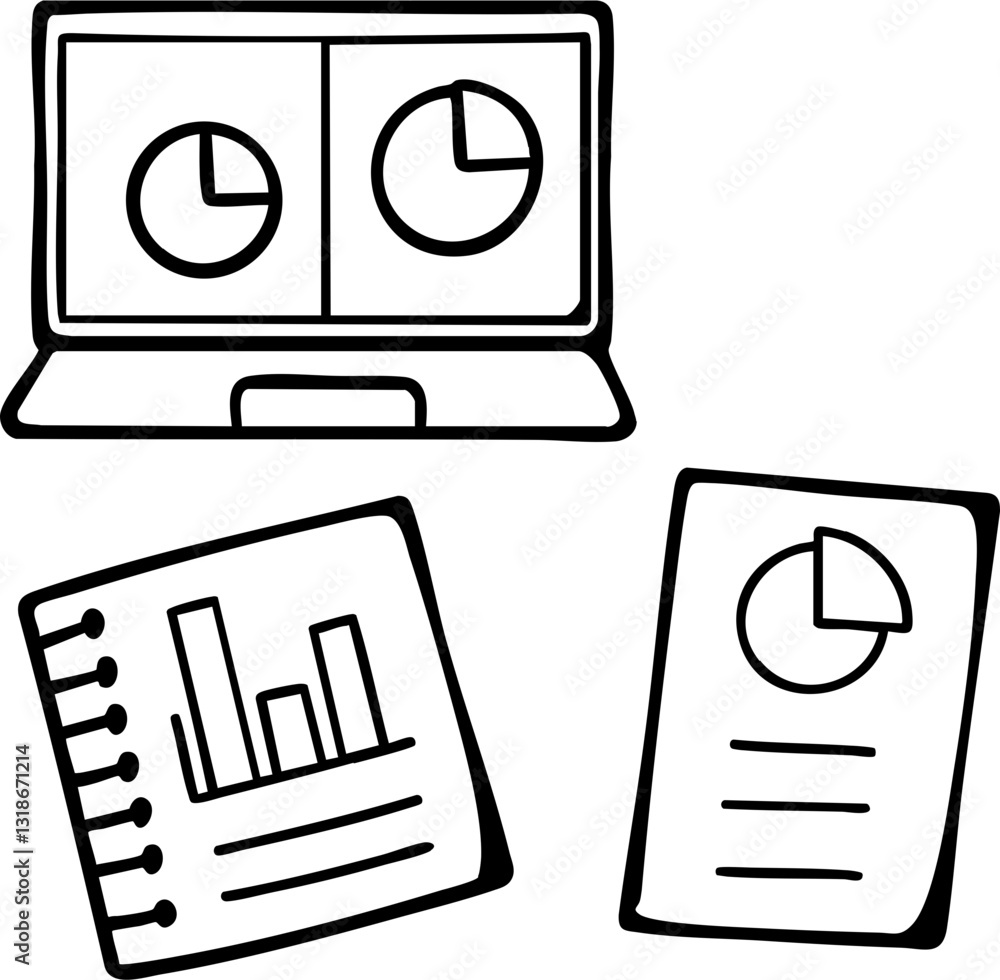 Poster a laptop displays charts alongside two documents with graphs, representing data analysis and reporti