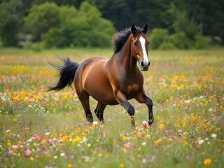 Obraz premium Majestic Brown Horse Galloping Through a Colorful Wildflower Meadow, Equestrian Beauty, Freedom, Nature, Wildlife Photography.