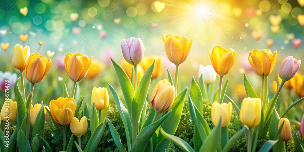 Aufkleber a vibrant field of yellow tulips basking in the warm glow of the setting sun, their delicate petals 