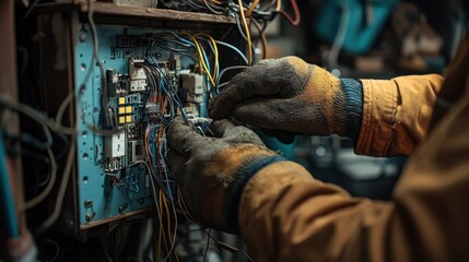 Gritty Hands Repairing Complex Wiring in a Vintage Electrical Panel, Symbolizing Skill, Expertise, and Problem-Solving. Ideal for industrial websites, repair services, and technical manuals.