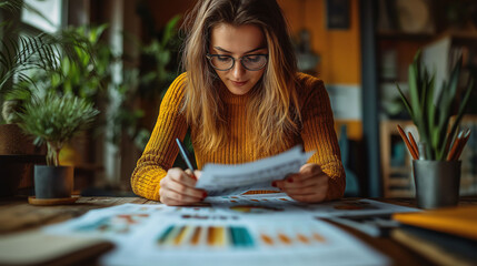 Fototapeta premium A woman reviewing financial charts and graphs, analyzing business data