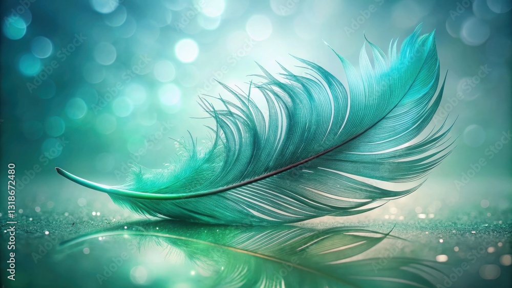 Poster a single turquoise feather lies on a shimmering surface, reflecting the soft glow of an ethereal bac