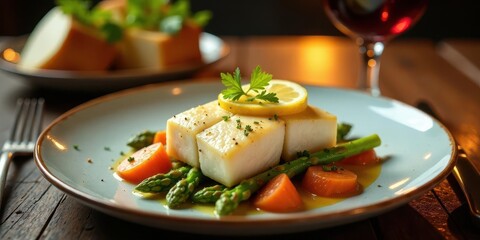 Elegant Pan-Seared Fish with Lemon, Asparagus, and Carrots on a Rustic Table