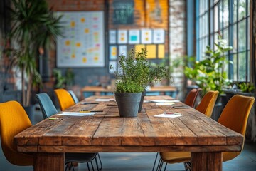 Fototapeta premium Creative workspace featuring wooden table with potted plant and colorful chairs for meetings
