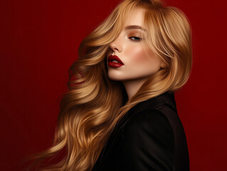 Fototapeta premium Luxurious long blonde hair with soft waves, bold red lips, and striking pose against vibrant red background. image exudes confidence and elegance