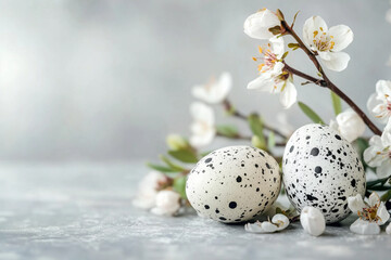 Obraz premium Easter eggs with speckled patterns surrounded by white flowers create serene and festive atmosphere. Perfect for celebrating spring and new beginnings