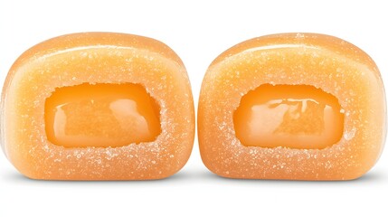 Close-Up View of Orange Gel Dessert with Sugar Coating on White Background