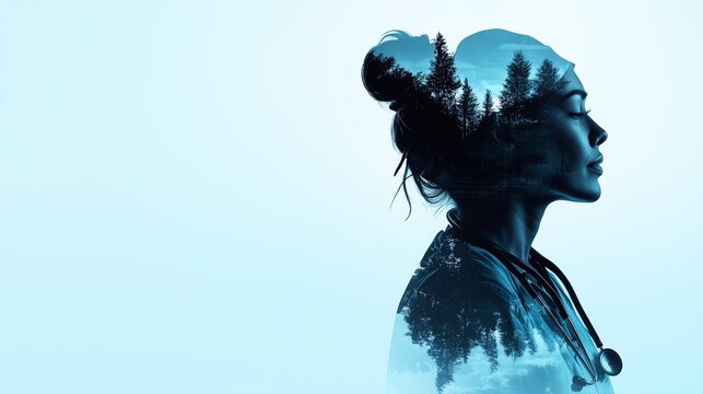 An elegant and minimalist International Nursing Day poster, featuring a silhouette of a nurse with a stethoscope forming a heart shape. The background has a soft watercolor texture with pastel blue t