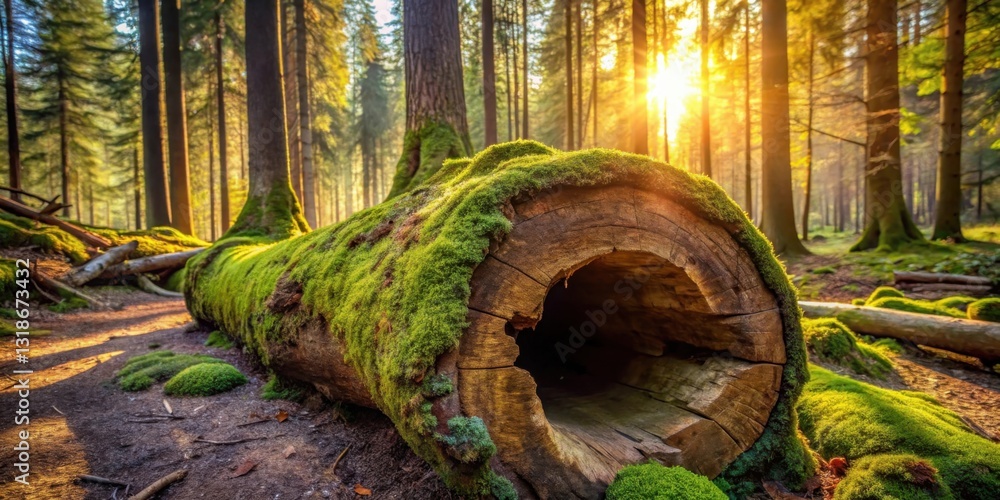 Aufkleber A Sunlit Forest Path Leading Through Mossy Trees, Emphasizing the Hollowed-Out Trunk With a Hole that Reveals the Mysterious Depth Within
