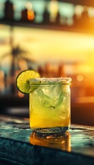 kiwi margarita cocktail on the rocks with salt in an artisan mason jar