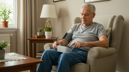 Obraz premium Elderly Caucasian man using blood pressure monitor in home living room Emphasizes health awareness and senior wellness