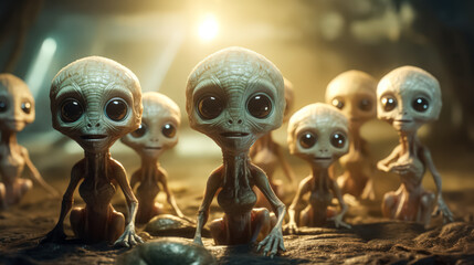 Group of aliens are sitting on the ground, with some of them looking up at the camera