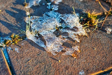 Intricate crystal structure of a melting piece of ice on a sunlit paving stone, capturing the transition from winter to spring