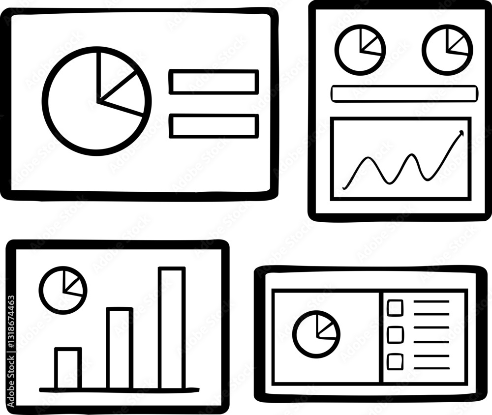 Poster a collection of simple line drawings depicting various charts and graphs, illustrating data analysis