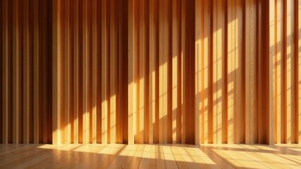Warm sunlight streams through unseen windows onto a vertical slatted wood wall and hardwood floor, creating a serene and minimalist interior scene.