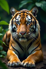 Fototapeta premium T tiger's striped fur pattern with zebra stripes in a jungle setting , orange, pattern