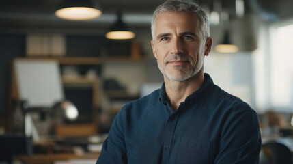 a middle aged male designer standing in a product design studio office, the background soft and out of focus.