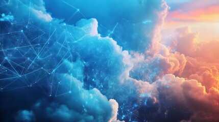 Digital clouds and data overlays set against a sky background, illustrating the advanced capabilities of AI in weather prediction and climate modeling.
