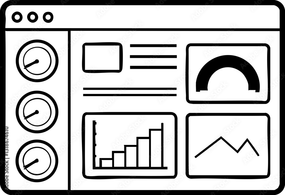 Poster a minimalist dashboard layout featuring graphs, gauges, and data visualizations for analytics and pe