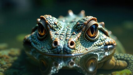 Fototapeta premium Close-up view of a reptile's head emerging from still water, showcasing intricate textured skin and reflective eyes
