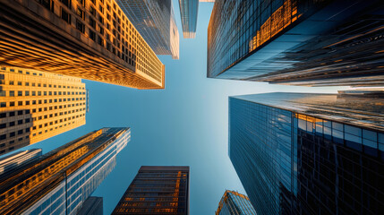 Upward view of urban skyscrapers against clear blue sky