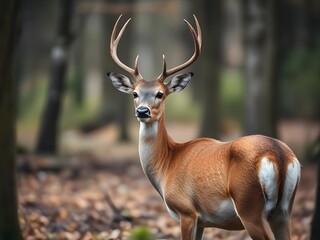 Majestic White-tailed Deer Buck with Antlers Standing in Forest, Wildlife Photography.