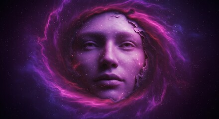 A surreal portrait of a face emerging from a swirling purple vortex.