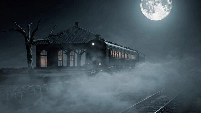 Mysterious train station shrouded in fog under a full moon at night