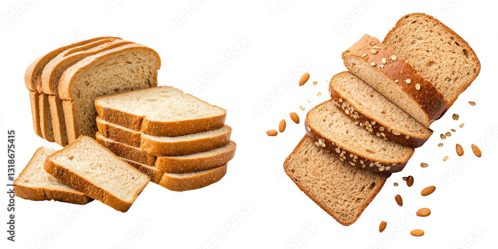 Poster slices of whole grain and multigrain bread with seeds on transparency background