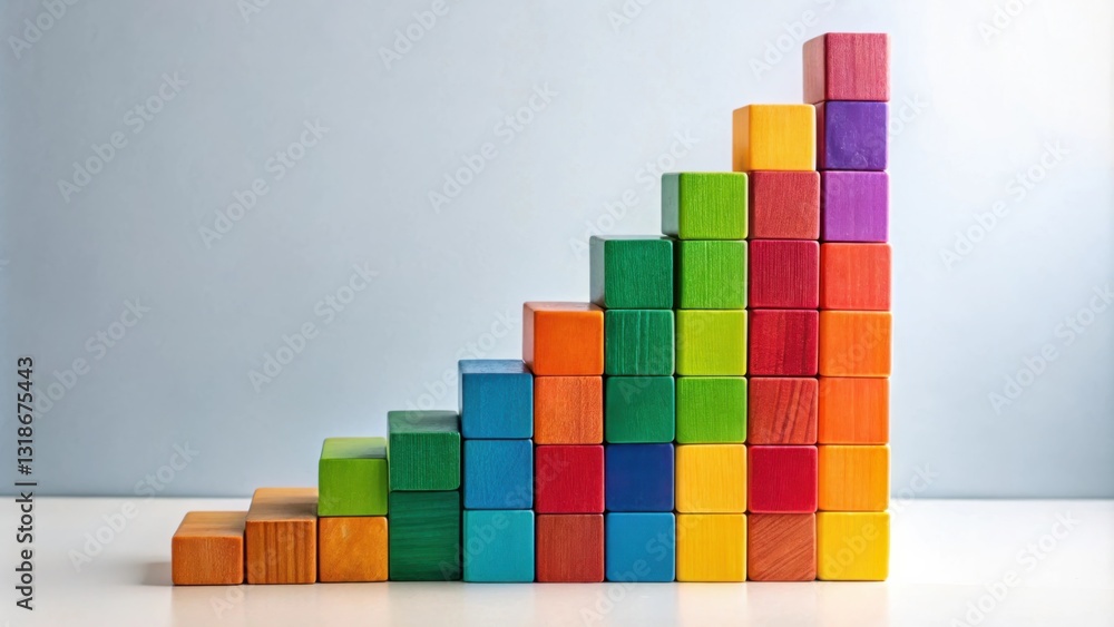 Poster A colorful staircase of wooden blocks ascending in a rainbow pattern symbolizing growth, achievement, and progress