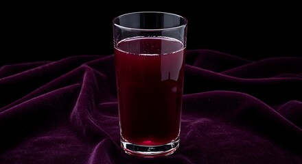 A glass of grape juice placed on a luxurious deep purple velvet cloth.